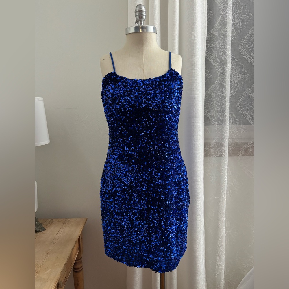 VELVI Cobalt Blue Stretchy Sequin Juliette Mini Dress, XL